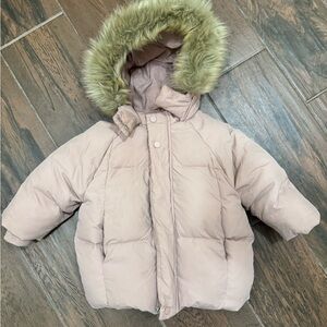 Zara , Pink Water Repellent Hooded Faux Fur Down Puffer Coat, Size 2